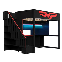 Gaming Loft Bed with Desk and Storage Staircase,LED Lights and USB, Full