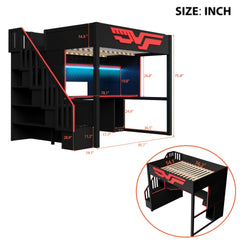 Gaming Loft Bed with Desk and Storage Staircase,LED Lights and USB, Full