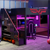 Gaming Loft Bed with Desk and Storage Staircase,LED Lights and USB, Full