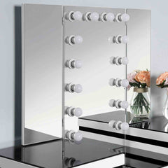 Contemporary Style 1pc Vanity Set Tri-Fold Mirror 14pcs Bulbs Black Glass Table Top Upholstered Stool Seat Knob Handles Felt Lined drawers Black And White Finish