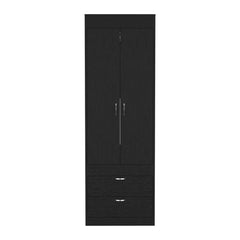 Armoire 70H inch, Double Door Cabinet, Two Drawers, Metal Handles, Rod, Black