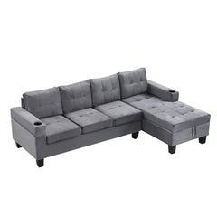 Sectional Sofa Set for Living Room with L Shape Chaise Lounge ,cup holder and Right Hand with Storage Chaise Modern 4 Seat (Grey) --RIGHT CHAISE WITH STORAGE