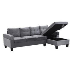 Sectional Sofa Set for Living Room with L Shape Chaise Lounge ,cup holder and Right Hand with Storage Chaise Modern 4 Seat (Grey) --RIGHT CHAISE WITH STORAGE