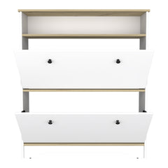 Shoe Rack 46 inch H, One Open Storage Shelf, Two Internal Storage Drawers, Two Doors, Light Oak / White