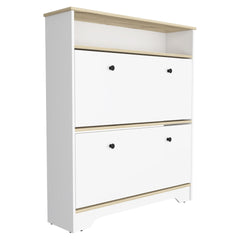 Shoe Rack 46 inch H, One Open Storage Shelf, Two Internal Storage Drawers, Two Doors, Light Oak / White