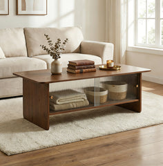 47-inch rectangular modern minimalist coffee table with a storage cabinet featuring glass sliding doors, suitable for living rooms, bedrooms and offices, easy to assemble, brown