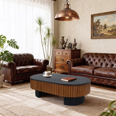 43.7"Elliptical living room coffee table with hidden storage and removable tabletop, solid wood veneer modern coffee table. Suitable for living rooms, bedrooms, apartments or offices, black + walnut