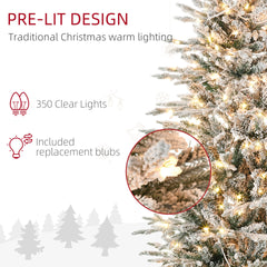 HOMCOM 7.5ft Tall Prelit Artificial Christmas Tree Holiday Décor with 850 Snow Flocked Branches, 350 Warm Yellow Clear Lights, Auto Open, Extra Bulb
