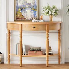 TREXM Farmhouse Half Moon Console Table with Drawer & Shelf - Rustic Accent Table, Sofa Table for Entryway, Living Room, Hallway and Foyer (Natural)