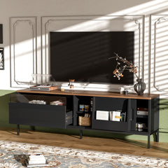 U-Can 70.8'' Modern TV Stand for TVs up to 75 Inches, Entertainment Center with Storage Space, Sliding Doors, Adjustable Shelves and Metal Frame, Mid Century Modern Media TV Console Table for Living R