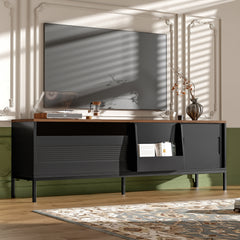 U-Can 70.8'' Modern TV Stand for TVs up to 75 Inches, Entertainment Center with Storage Space, Sliding Doors, Adjustable Shelves and Metal Frame, Mid Century Modern Media TV Console Table for Living R
