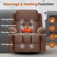 Swivel Rocker Recliner Chair with Vibration Massage and Heat for Living Room ,with Rocking Function and Side Pocket, USB Charge Port,2 cup holders