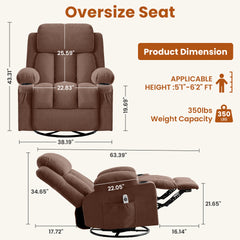 Swivel Rocker Recliner Chair with Vibration Massage and Heat for Living Room ,with Rocking Function and Side Pocket, USB Charge Port,2 cup holders