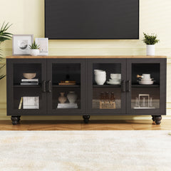 ON-TREND Farmhouse TV Stand with Tempered Glass Doors for TVs Up to 70", Versatile Sideboard with Adjustable Shelves, Elegant Buffet Cabinet with 5 Solid Wood Gourd-Shaped Legs for Living Room, Black