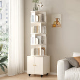 Rotating Bookshelf, 360 Degree Display 5 Tier Corner Bookshelf with Drawer for Small Space, Floor Standing Bookcase Storage Rack, Wood Narrow Organizer for Bedroom, Living Room, WHITE COLOR