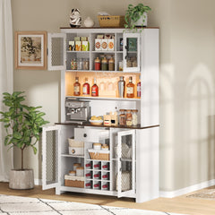 70.9" Kitchen Pantry Storage Cabinet Rustic Buffet Cabinet, Kitchen Hutch Cabinet with LED Outlets Food Pantry Cabinet with Doors and Shelves Wine Rack for Dining Room, White
