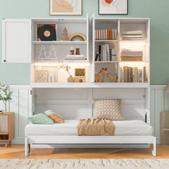 Twin Size Wall Murphy Bed with Top Cabinet, Shelves ,Space Saving Foldable Bed with Light & USB,White
