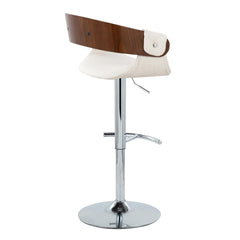 Elisa Mid-Century Modern Adjustable Barstool with Swivel in Chrome Metal, Walnut Wood and Cream Fabric with Rounded T Footrest by LumiSource - Set of 2