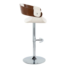 Elisa Mid-Century Modern Adjustable Barstool with Swivel in Chrome Metal, Walnut Wood and Cream Fabric with Rounded T Footrest by LumiSource - Set of 2