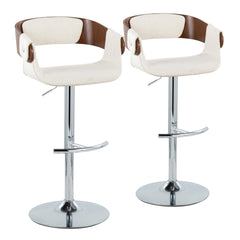 Elisa Mid-Century Modern Adjustable Barstool with Swivel in Chrome Metal, Walnut Wood and Cream Fabric with Rounded T Footrest by LumiSource - Set of 2