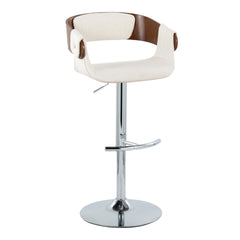 Elisa Mid-Century Modern Adjustable Barstool with Swivel in Chrome Metal, Walnut Wood and Cream Fabric with Rounded T Footrest by LumiSource - Set of 2