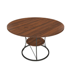 43 inch Round Dining Table for 4-6, Expandable Farmhouse Kitchen Table with Storage Shelf & Metal Base, Brown & Black Extendable Wood Table from 43 to 59 inch, Large Round Table for Home (No Chairs)