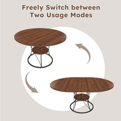 43 inch Round Dining Table for 4-6, Expandable Farmhouse Kitchen Table with Storage Shelf & Metal Base, Brown & Black Extendable Wood Table from 43 to 59 inch, Large Round Table for Home (No Chairs)
