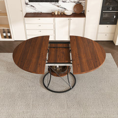43 inch Round Dining Table for 4-6, Expandable Farmhouse Kitchen Table with Storage Shelf & Metal Base, Brown & Black Extendable Wood Table from 43 to 59 inch, Large Round Table for Home (No Chairs)