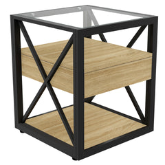 1 piece Modern End Table with Drawer - Nightstand for Bedroom & Living Room, Natural Wood MDF & Tempered Glass Top, Industrial Style Side Table