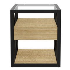 1 piece Modern End Table with Drawer - Nightstand for Bedroom & Living Room, Natural Wood MDF & Tempered Glass Top, Industrial Style Side Table
