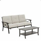 2 Piece Outdoor Patio Set, 70 Inches All-Weather Metal 3-Seat Metal Patio Sofa and Rectangular coffee Table, with Beige Cushions & Khaki Frame