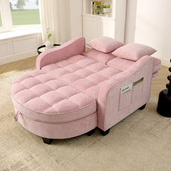 Two-seater sofa, double sofa chaise longue, with irregular armrests and backrests, footrest with storage space, comes with two small throw pillows, suitable for living room and bedroom -Pink