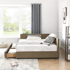 Full Size Storage Upholstered Tufted Bed Frame, Sofa Bed Frame with Comfortable Backrest and Armrests, Full Size Bed for Bedroom, Living Room,Velvet, BROWN(80.5''*59''*29.5'')