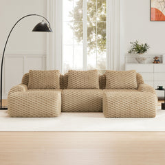114" Modern U-Shaped Modular Sectional Sofa for Living Room,Flannelette Fabric,Oversized 3-Seater Couch,boneless sofa ,Movable Ottoman,Buckle connection,Anti-slip Design,No Assembly,Light Camel