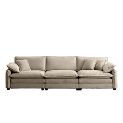 Mid-Century Modern 3-Seater Sectional Sofa with 2 Arm Pillows and 3 Throw Pillows,Tan Corduroy Fabric