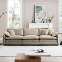 Mid-Century Modern 3-Seater Sectional Sofa with 2 Arm Pillows and 3 Throw Pillows,Tan Corduroy Fabric