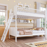 Twin Size Wooden Bunk Bed with 3 Storage Shelves,Ladder can be Changed Left or Right,White