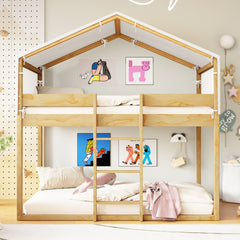 Twin Over Twin Wood Bunk Bed with Tent, Natural