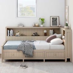 Twin Size Wood Daybed with Storage Shelves and 3 Drawers, Antique White Milk