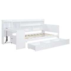 Twin Size Wooden Daybed With 3 Drawers, USB Ports and desk , White
