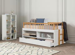 Twin Captain Bed With Trundle Transitional Style Open Shelves Attached Side Ladder White And Light Oak Finish