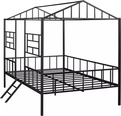 Black Finish Twin Bunk Bed Contemporary Style House Design With Full Metal Construction And Angled Ladder