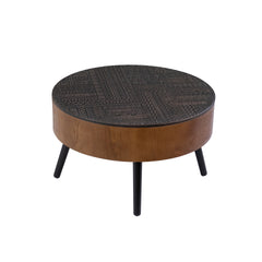 31.5-inch Round Carved Coffee Table with Storage Space, Mid-Century Modern Style Wooden Coffee Table, Four-Leg Design, 18-inch High, Living Room Accent Table (Brown and Black)