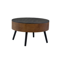 31.5-inch Round Carved Coffee Table with Storage Space, Mid-Century Modern Style Wooden Coffee Table, Four-Leg Design, 18-inch High, Living Room Accent Table (Brown and Black)