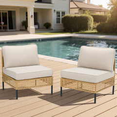 Outdoor Natural Wicker Sofa Boho Patio Sectional Loveseat Furniture Set with Beige Csuhions