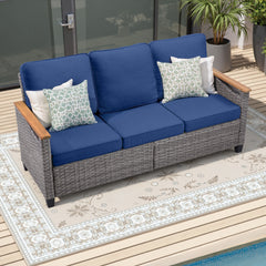 69.7" Wide Outdoor Wicker Patio Sofa, Deep Seating Outdoor Couch with Cushions for Porch Garden, Blue