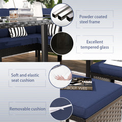 Small space patio furniture 7-piece outdoor furniture set, backyard furniture set, waterproof seat cushion, glass table, space saving, suitable for backyard, terrace or garden,Dark blue