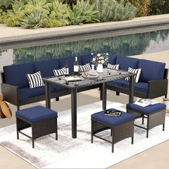 Small space patio furniture 7-piece outdoor furniture set, backyard furniture set, waterproof seat cushion, glass table, space saving, suitable for backyard, terrace or garden,Dark blue
