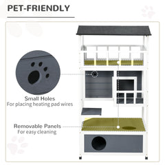 PawHut Wooden Outdoor Cat House, Feral Cat Shelter Kitten Tree with Asphalt Roof, Escape Doors, Condo, Jumping Platform, Grey