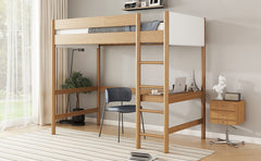 Twin Size Loft Bed with Desk, Boucle Upholstered Headboard and Footboard with Ladder, Safety Guardrails, Rubber Wooden Loft Bed,Natural